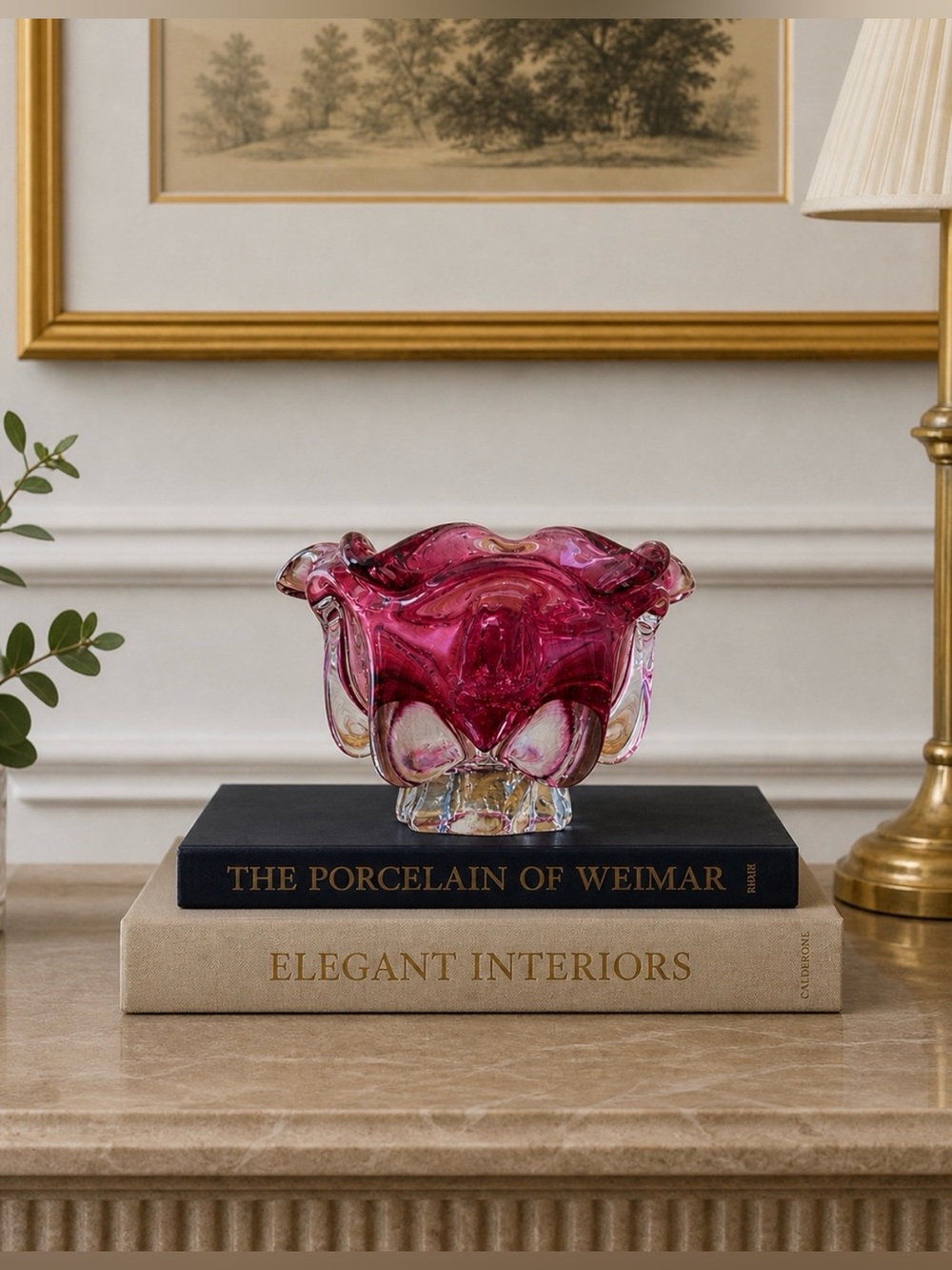 Bohemian Hand Cut Raspberry Glass Art Table Design Easter Boho Vase Home Decor